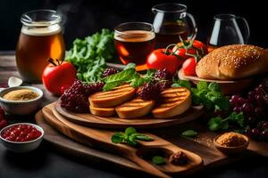 foods on a wooden board with beer and bread. AI-Generated photo