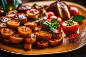 a plate of food with potatoes and tomatoes. AI-Generated photo