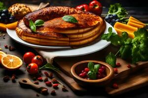pancakes with cheese, tomatoes and other ingredients on a wooden table. AI-Generated photo