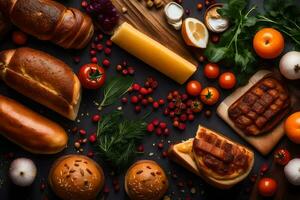 various types of bread and other foods on a black background. AI-Generated photo