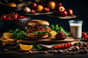 a hamburger with vegetables and fruit on a wooden cutting board. AI-Generated photo