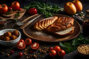 a plate with bread, tomatoes and other ingredients. AI-Generated photo