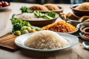 un mesa con arroz, vegetales y otro alimento. generado por ai foto