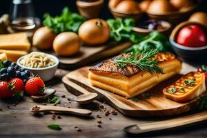 foods on a wooden cutting board. AI-Generated photo