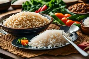 varios tipos de arroz son mostrado en un mesa. generado por ai foto