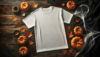 Blank white t shirt on the floor with halloween themed decorations and pumpkins mockup template photo, ai generated photo