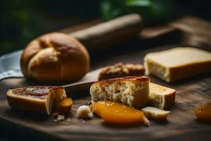 cheese and bread on a cutting board. AI-Generated photo