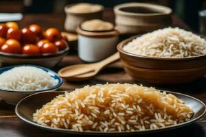 various bowls of rice and other ingredients on a table. AI-Generated photo