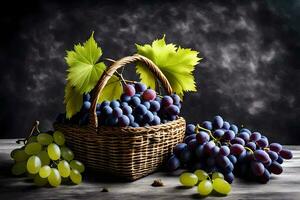 grapes in a basket on a table. AI-Generated photo