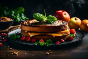 a grilled cheese sandwich with tomatoes and herbs. AI-Generated photo
