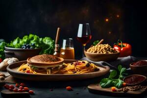 a plate of pasta, vegetables and a sandwich on a dark background. AI-Generated photo