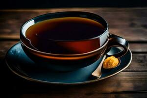 a cup of tea on a wooden table. AI-Generated photo