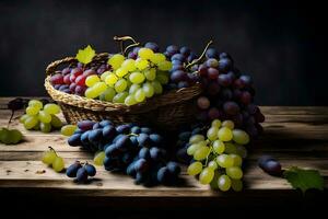 uvas en un cesta en un de madera mesa. generado por ai foto