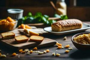 un de madera mesa con pan, queso y otro ingredientes. generado por ai foto