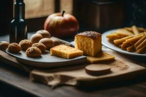 a wooden table with cheese, bread and apples. AI-Generated photo