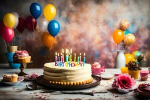 birthday cake with candles and balloons on a table. AI-Generated photo