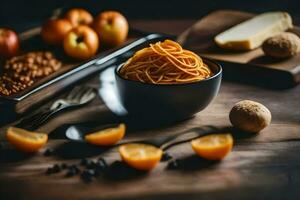 spaghetti in a bowl with oranges and bread. AI-Generated photo