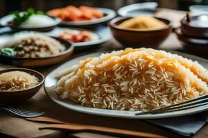 a plate of rice with chopsticks and bowls of rice. AI-Generated photo