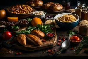 various ingredients are arranged on a table. AI-Generated photo