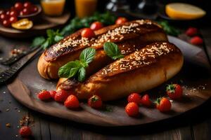 bread with sesame seeds and fresh strawberries on a wooden table. AI-Generated photo