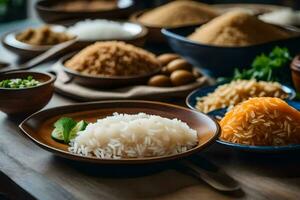 a table with bowls of rice, nuts and other foods. AI-Generated photo