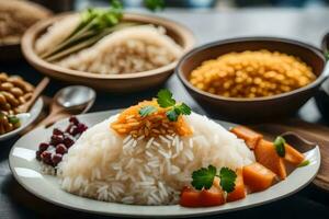 a variety of rice dishes on a table. AI-Generated photo