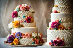 three wedding cakes with colorful flowers on top. AI-Generated photo