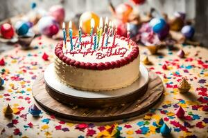 a birthday cake with candles on top. AI-Generated photo