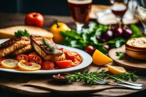 grilled fish with tomatoes and herbs on a wooden table. AI-Generated photo