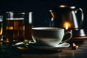un taza de té y un vaso de Leche en un de madera mesa. generado por ai foto