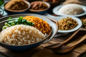 a bowl of rice with other ingredients on a wooden table. AI-Generated photo