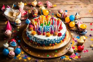 birthday cake with candles and confetti on a wooden table. AI-Generated photo