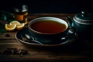 a cup of tea on a wooden table. AI-Generated photo