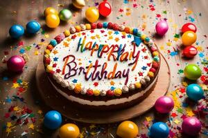 happy birthday cake with colorful confetti on a wooden background. AI-Generated photo