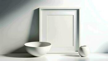 blanco blanco pared Arte marco con interior objetos en un estante con blanco antecedentes Bosquejo modelo foto, ai generado foto