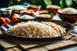 a plate of rice with vegetables and other ingredients. AI-Generated photo