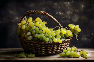 grapes, basket, still life, still life photography, still life photography, still life. AI-Generated photo