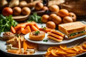 un plato de comida con pan, queso, y vegetales. generado por ai foto