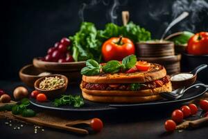 a sandwich with tomatoes, cheese and herbs on a black plate. AI-Generated photo