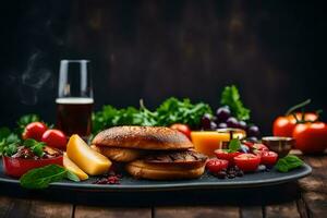 grilled chicken sandwich with vegetables and a glass of beer. AI-Generated photo