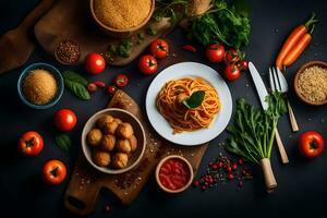 espaguetis con albóndigas, Tomates, y vegetales en un oscuro mesa. generado por ai foto