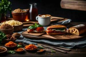 various foods on a wooden table. AI-Generated photo