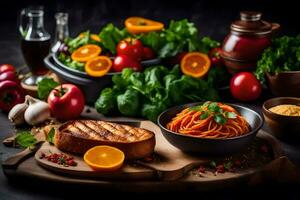 un plato de comida con verduras, Tomates y otro ingredientes. generado por ai foto