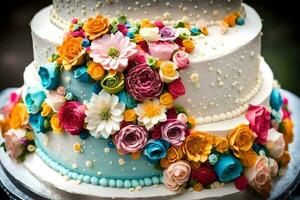 a colorful cake with flowers on top. AI-Generated photo