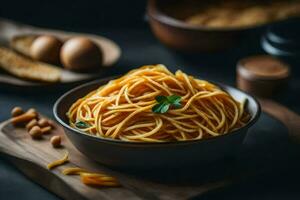 spaghetti in a bowl on a dark table. AI-Generated photo