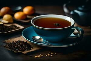 a cup of tea on a wooden table. AI-Generated photo