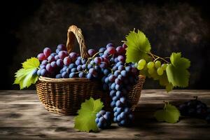 grapes in a basket on a wooden table. AI-Generated photo