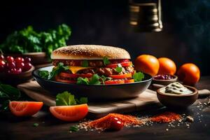 a hamburger with vegetables and tomatoes on a table. AI-Generated photo