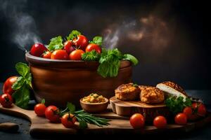 fresh vegetables and bread in a wooden bowl on a dark background. AI-Generated photo