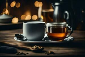 a cup of tea and a spoon on a wooden table. AI-Generated photo